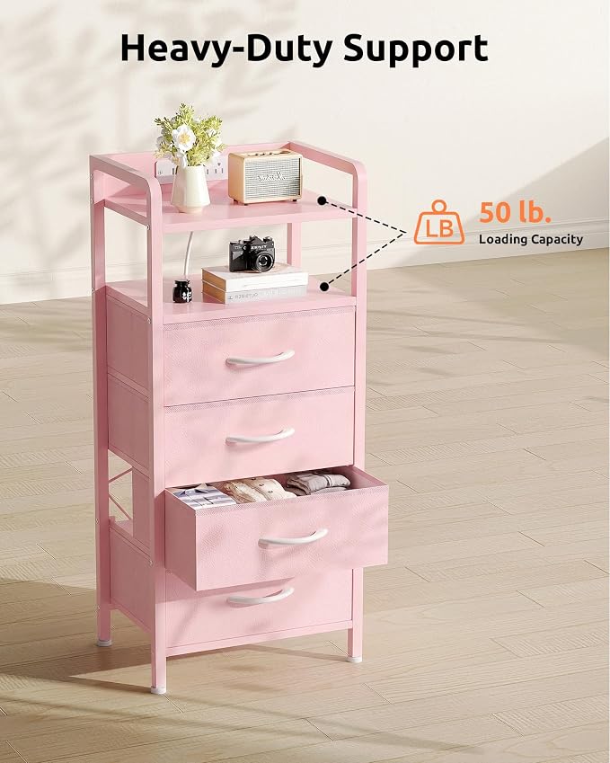 Lazzanto Night Stand Bedside Charger Bedroom - Nightstand with Charging Station & LED Light Strip, Night Stand with Storage Shelf & 4 Fabric Drawers, Morden End Table with USB Ports&AC Outlets,Pink