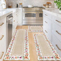 Vaukki Boho Kitchen Rug Sets 3 Pieces, Washable Kitchen Mats for Floor, Non Slip Soft Kitchen Area Rug Floor Mat for Kitchen, Laundry Room and Hallway (Flower-Beige, 20''x32''+20''x47''+20''x59'')