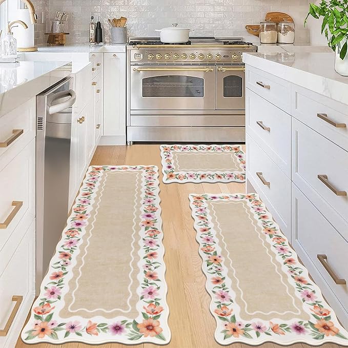 Vaukki Boho Kitchen Rug Sets 3 Pieces, Washable Kitchen Mats for Floor, Non Slip Soft Kitchen Area Rug Floor Mat for Kitchen, Laundry Room and Hallway (Flower-Beige, 20''x32''+20''x47''+20''x59'')