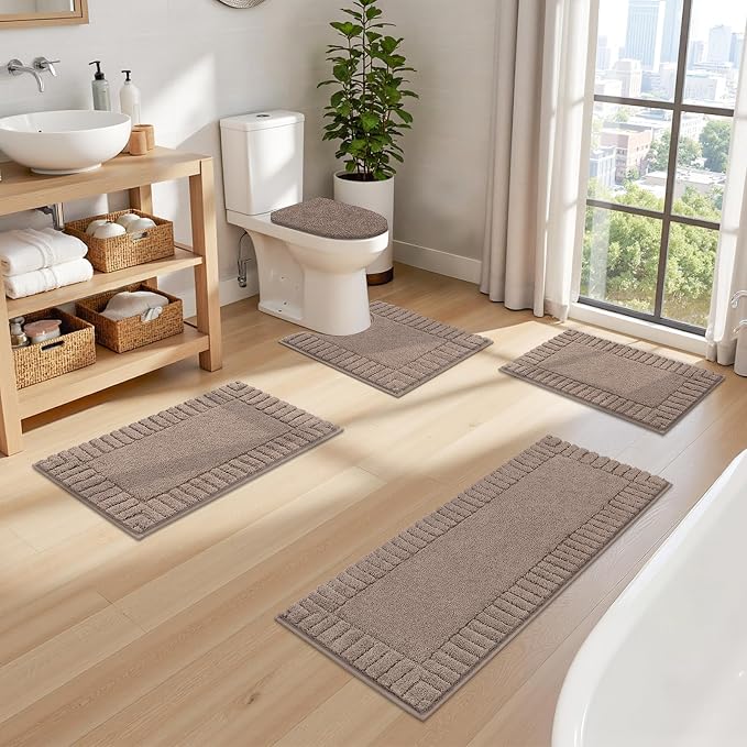 Pauwer Bathroom Rugs Set 5 Piece Non Slip Washable Bath Mat Set with U Shaped Contour Toilet Rugs Plush Absorbent Microfiber Shower Mat and Toilet Lid Cover for Bathroom, Coffee
