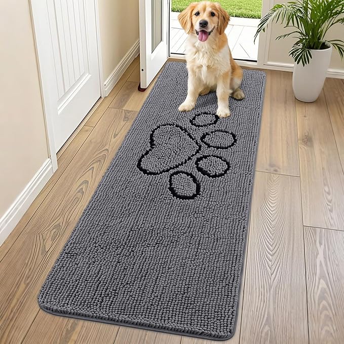 Smiry Dog Door Mat for Muddy Paws, Absorbent Dirt Trapper Non Slip Quick Dry Washable Chenille Mat for Mud Dogs, Entry Rug for Indoor and Outdoor (70x24 Inches, Dark Grey and Black)