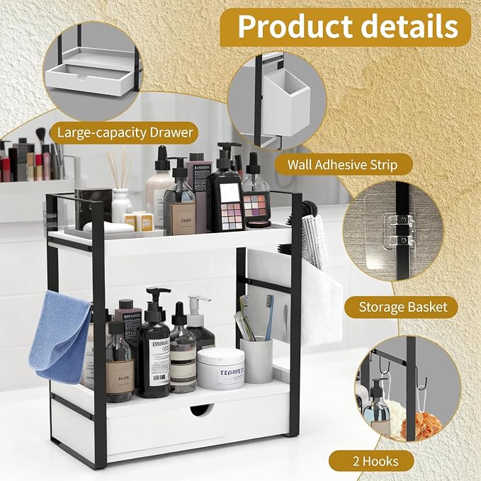 2-Tired Bathroom Counter Organizers and Storage, Bathroom Countertop Organizer with Drawer, Solid Wood Skincare Perfume Organizer for Vanity Kitchen Corner Shelf Office Countertop (White)