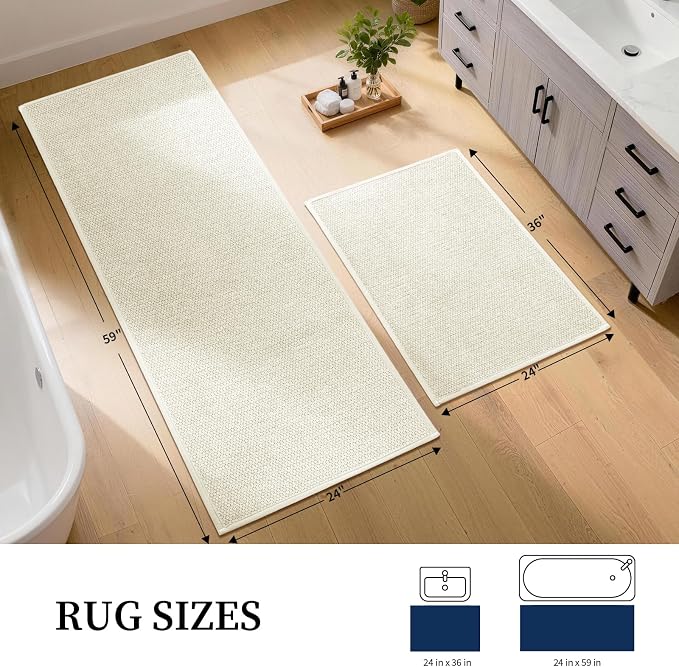 YIHOUSE Long Large Bathroom Rugs Sets 2 Piece, Quick Dry Thin Bath Mat, Non Slip Absorbent Machine Washable, Bath Runner Rug for Tub Sink Home Decor (24"x36" + 24"x59",Beige)