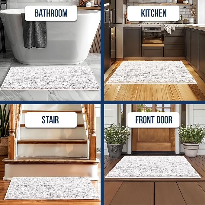 Muddy Mat® | Chenille Bathroom Rugs Quick Dry Microfiber Mats Non Slip Washable, Extra Thick, Soft and Highly Absorbent Bath Mats for Bathroom, Kitchen, and Shower Floor - White 36"x60"