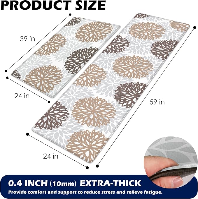 Cushioned Anti-Fatigue Kitchen Mats for Floor – Non-Slip Waterproof Memory Foam Runner, Extra Wide & Long, Comfortable Standing Mat for Kitchen, Sink, Office, Laundry, Brown Gray