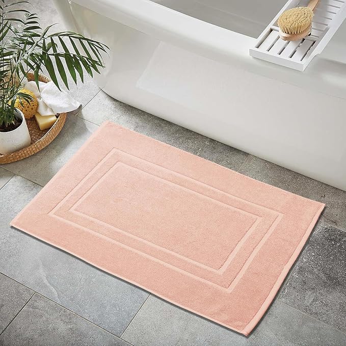 Feather & Stitch 2 Piece Towel Like Bath Mats (30x21 Inch) 100% Cotton Terry Bath Mats, Bathroom Shower Floor Mats [NOT A Bathroom Rug], Soft Absorbent Washable Mats - Pale Peach