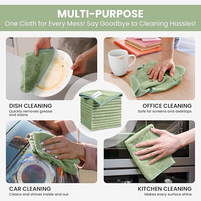 SIFANGKE Microfiber Cleaning Cloth, 12 Pack Green Cleaning Rags for Housekeeping, Reusable Microfiber Towels for Car, Kitchen, Bathroom and Household Cleaning Supplies, 11.8"X11.8"