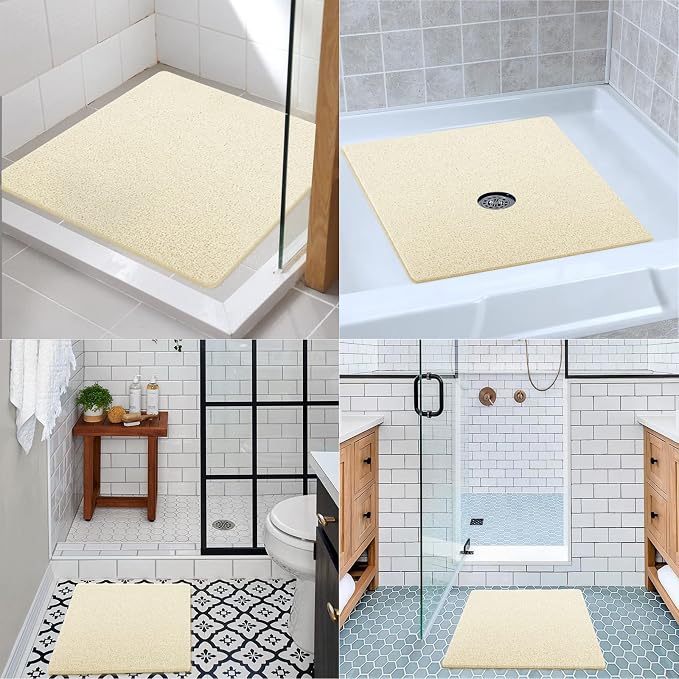 Shower Mat Non Slip Without Suction Cup, 24 x 24 Inch PVC Loofah Shower, Bath, Tub Mat with Drain for Textured Surface, Quick Drying Beige