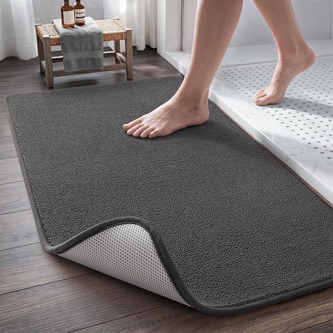 MontVoo Quick Dry Bath Mat, Super Absorbent Bathroom Rug, 3D Honeycomb Mesh Base Non Slip Bath Mats for Bathroom, Machine Washable Low Pile Bath Rug for Bathtub Front, Shower, Sink, Darkgrey 17"x24"