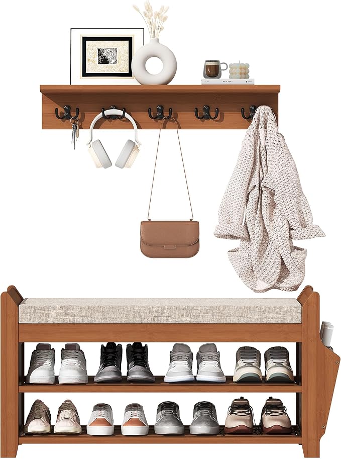 PETKABOO 31.5" Shoe Bench with Coat Rack Hidden Drawer and Side Holder, 2 Tier Entryway Bench with Storage 39.4 in, Bamboo Shoe Rack with Cushion for Entryway Hallway Living Room Bedroom