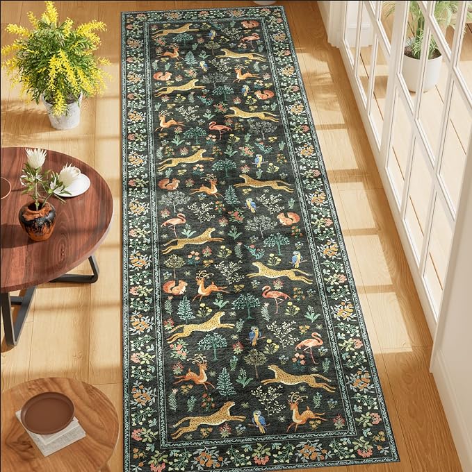 DUKINO Runner Rug, 2x7 Washable Kitchen Rugs for Hallways with Non Slip Backing, Soft Low Pile Vintage Animal Runner for Kitchen, Hallway, Entryway, Laundry, Bedroom, Black