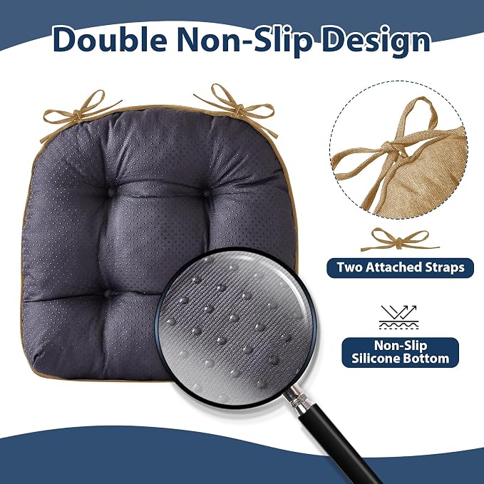 IASEAHK Chair Cushions for Dining Chairs, Seat Cushions for Kitchen Chairs, Indoor Seat Cushions with Ties, Tufted Foam Chair Pads, Non Slip Chair Cushions Set of 4, 15.5" x 15.5" x 4", Khaki