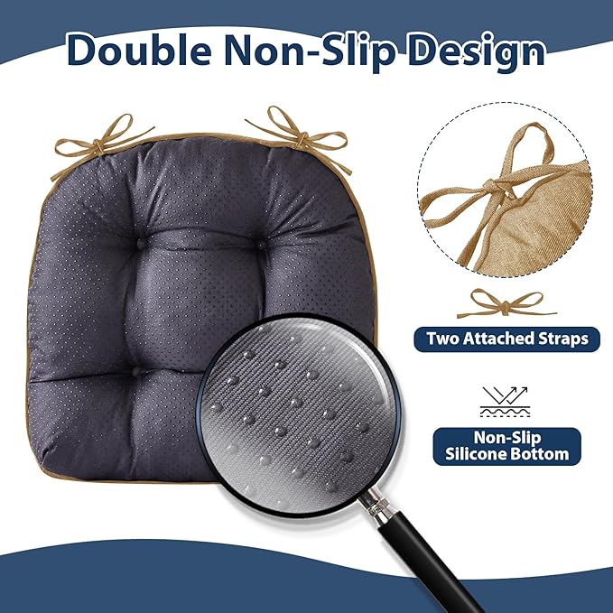 IASEAHK Chair Cushions for Dining Chairs, Seat Cushions for Kitchen Chairs, Indoor Seat Cushions with Ties, Tufted Foam Chair Pads, Non Slip Chair Cushions Set of 6, 15.5" x 15.5" x 4", Khaki