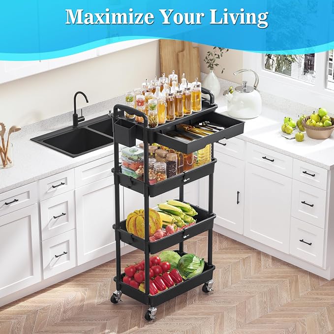 SUNALLY 4 Tier Rolling Utility Cart with Drawer, Storage Organizer Cart with 2 Lockable Wheels, Multifunctional Rolling Storage Cart for Bathroom, Kitchen, Craft, Makeup, Baby Essentials, Black