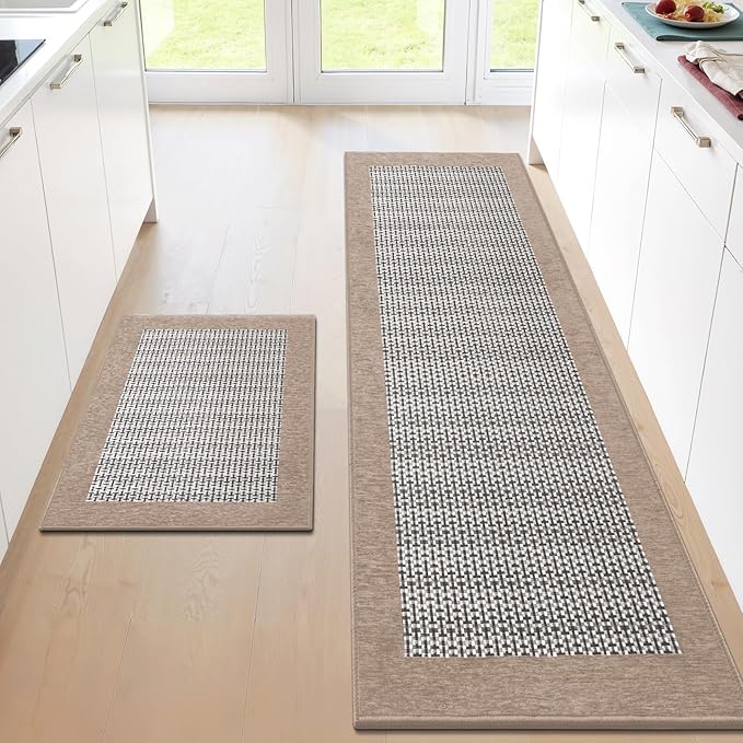 StepRite Kitchen Mats for Floor, Non-Slip Kitchen Rugs Set of 2 PCS, Super Absorbent Washable Kitchen Mats with Rubber Backing, Runner Mats for Front of Sink (20"x32"+20"x72" Khaki)