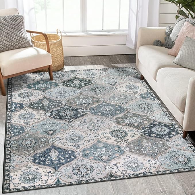 Lahome Moroccan Trellis Washable Rugs, 3x5 Area Rug for Bedroom Living Room, Indoor Non-Slip Small Oriental Accent Throw Carpet for Kitchen Entryway Bathroom Office Elise, Blue