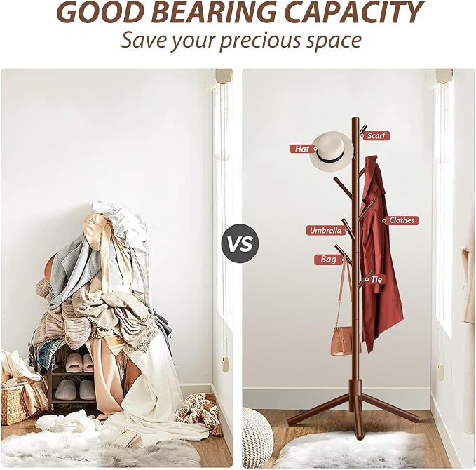 Unisakey Durable Wooden Coat Rack, Freestanding Coat Rack with Stable Triangular Base, 8 Hooks & 3 Adjustable Heights, Simple Assembly for Bedroom, Hallway, Office(New Brown)