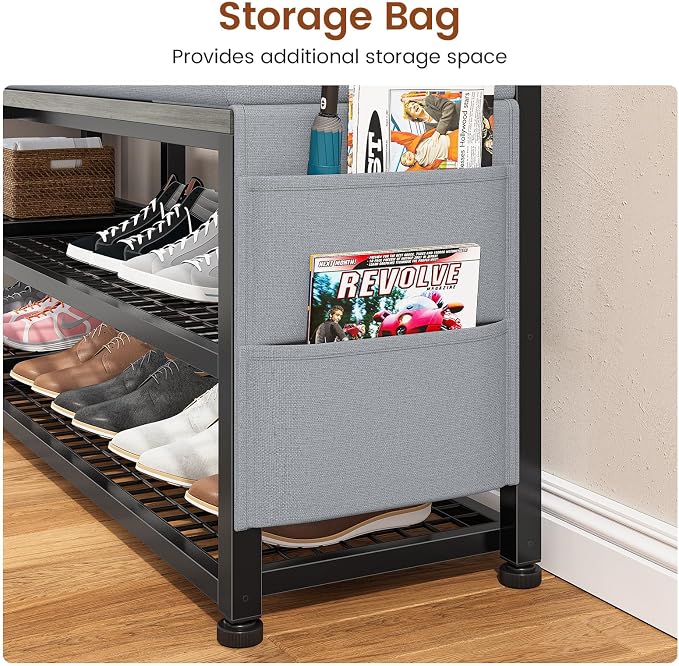 Itaar Coat Rack, Hall Tree with Bench and Shoe Storage, 7-in-1 Entryway Bench with Soft Cushion, Storage Bag, 3 Fabric Drawers(Grey)
