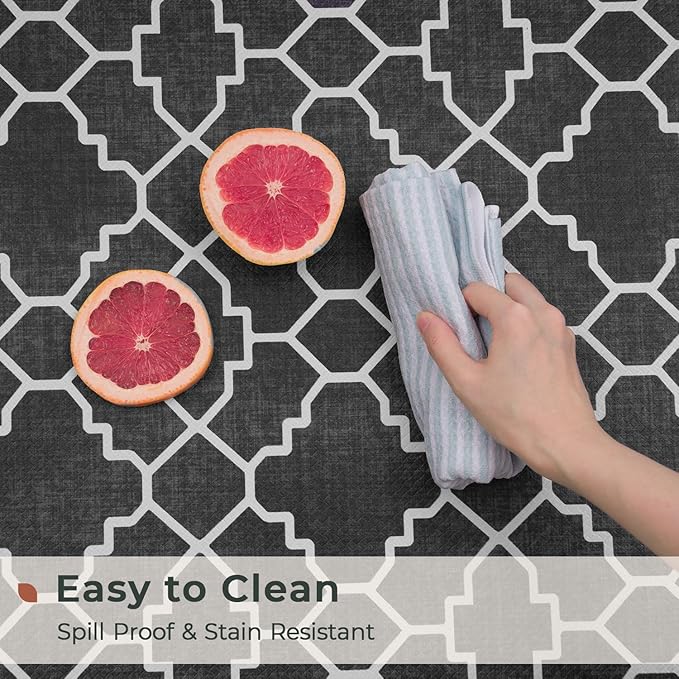 FRESHMINT Kitchen Mat Set of 2, Anti-Fatigue Cushioned Kitchen Mats for Floor, Waterproof Non Slip Comfort Standing Mat, Boho Kitchen Rug for Kitchen Decor, Sink, Office, 17"x30"+17"x47", Black