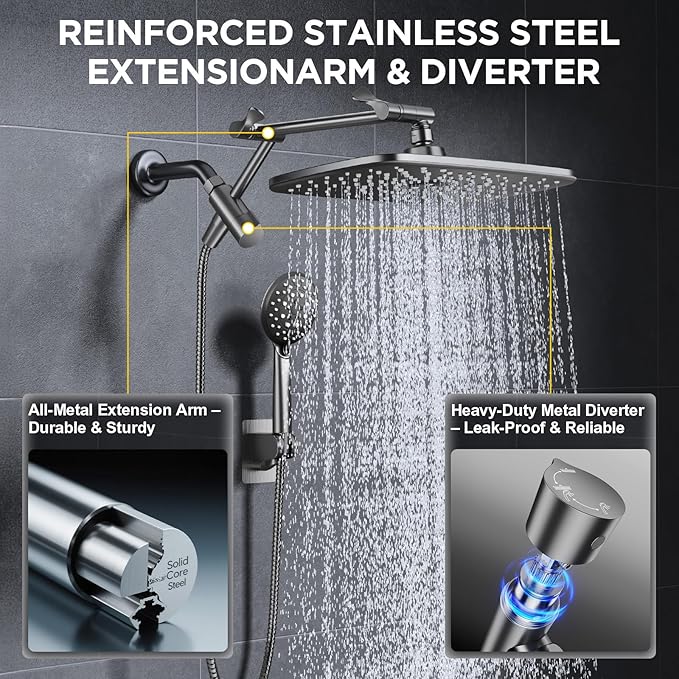 Veken 11.8" Rain Shower Head with Handheld, High Pressure Handheld Shower with Multi Spray Modes, Rainfall Combo with 15" Metal Extension Arm, Detachable Dual Shower, Bathroom Decor, Gunmetal Gray