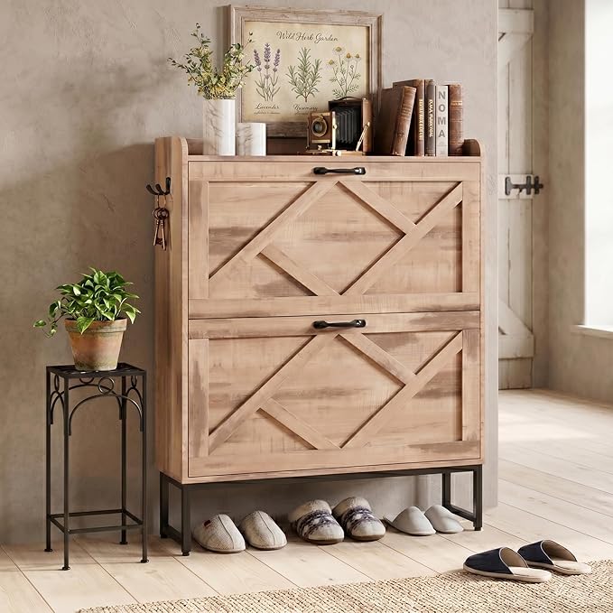 Nicetree Shoe Cabinet with 2 Flip Drawers，Freestanding Shoe Storage Cabinet, Narrow Shoe Organizer Cabinet, Farmhouse Slim Shoe Rack Cabinet for Entryway, Oak with Hook