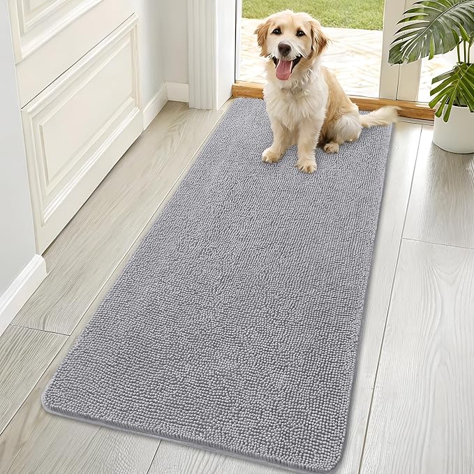 OLANLY Dog Door Mat for Muddy Paws 70x35, Absorbs Moisture and Dirt, Absorbent Non-Slip Washable Doormat, Quick Dry Chenille Mud Mat for Dogs, Entry Indoor Entryway Carpet for Inside Floor, Light Grey