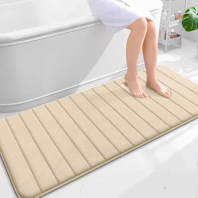 OLANLY Memory Foam Long Bathroom Rugs Runner 59x24, Super Soft Absorbent Bath Mat, Quick Dry, Machine Washable Shower Floor Rugs, Bathmat Carpet, Bathroom Home Decor Accessories, Beige