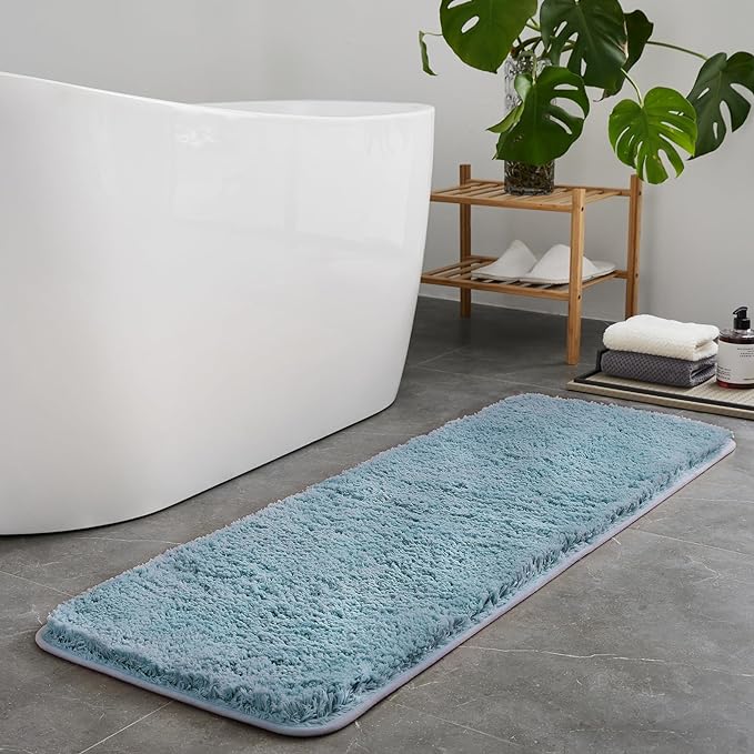 TECHMILLY Super Soft Shaggy Bathroom Runner Rugs, Absorbent Thick Non Slip Microfiber Bath Rugs, Quick Dry Machine Washable Bath Mat for Bathroom Floor, Bathtub and Shower 20"x47" Blizzard Blue