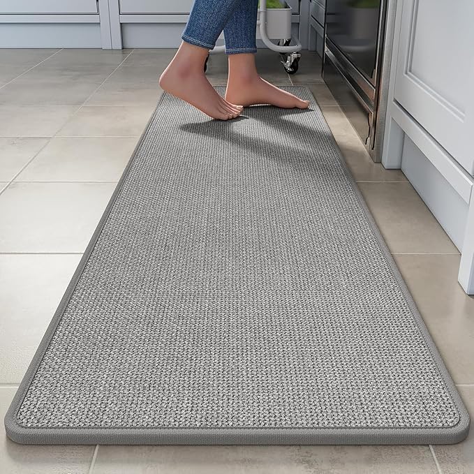 YDKGL Long Kitchen Runner Rugs Non Slip Washable, Linen-Like 0.3" Thick Cushioned Absorbent Kitchen Mats for Floor, Mild Anti-Fatigue Sink Floor Mat Laundry Standing Mat, Easy Clean, Gray 17"x71"