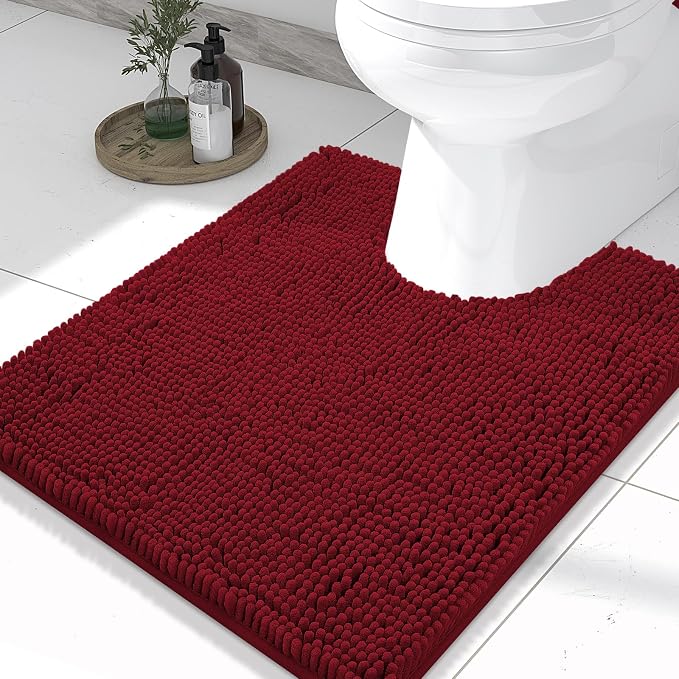 Smiry Luxury Chenille Toilet Rugs U-Shaped 24x20, Soft Absorbent Non-Slip Contour Bathroom Rugs for Toilet, Machine Washable Contoured Bath Mats, Red