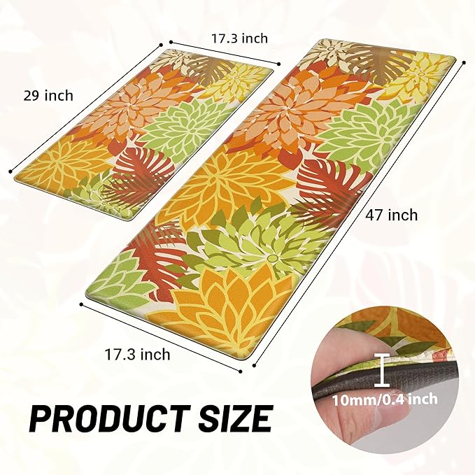Arenarug Kitchen Mats for Floor 2PCS Cushioned Anti Fatigue Kitchen Mats Waterproof Non Slip Kitchen Rug Set Foam Standing Mat for Sink, Laundry, Office,17.3" x 28" + 17.3" x 47", Maple Orange