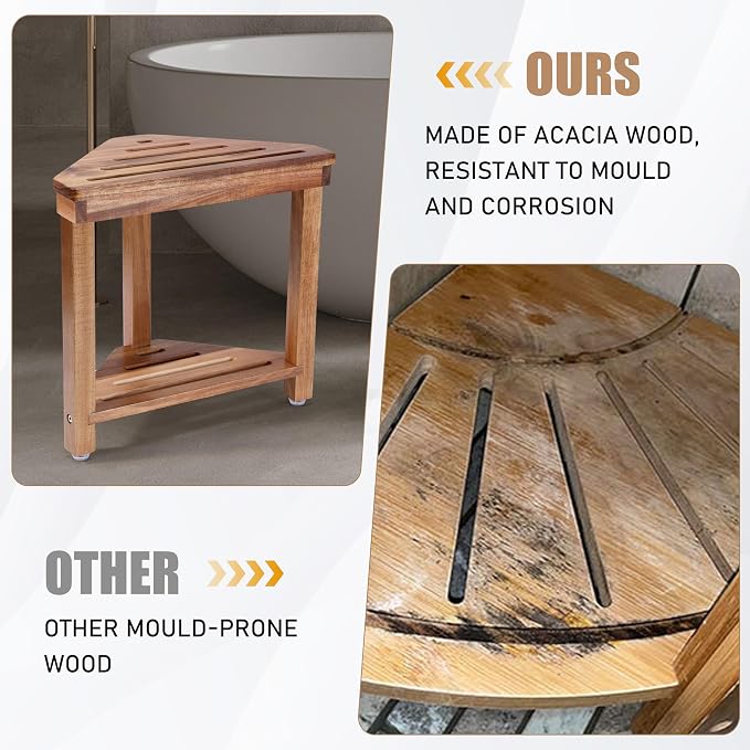 Boulphia Shower Foot Rest 14in, Acacia Wood Shower Stool for Shaving Legs, Waterproof Corner Shower Stool with Storage Shelf for Inside Small Shower Spaces, Wood Color