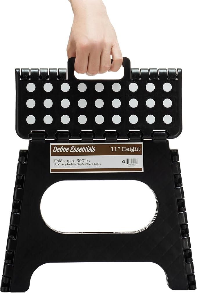 Folding Step Stool - 11" Hight - The Lightweight Step Stool is Sturdy Enough to Support Adults and Safe Enough for Kids. Opens Easy with One Flip. Great for Kitchen, Bathroom, Bedroom (Black)