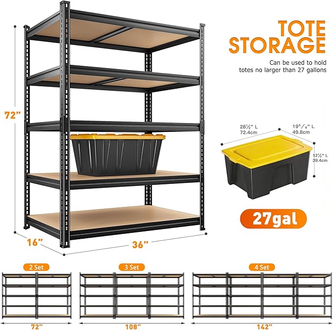 REIBII 2400LBS Storage Shelves 5 Tier Garage Shelving Heavy Duty, Adjustable Metal Shelving, Garage Shelves for Basement, Warehouse, Pantry, Closet, Kitchen 72" H x 35.55" W x 16" D, Black, 3 Pack