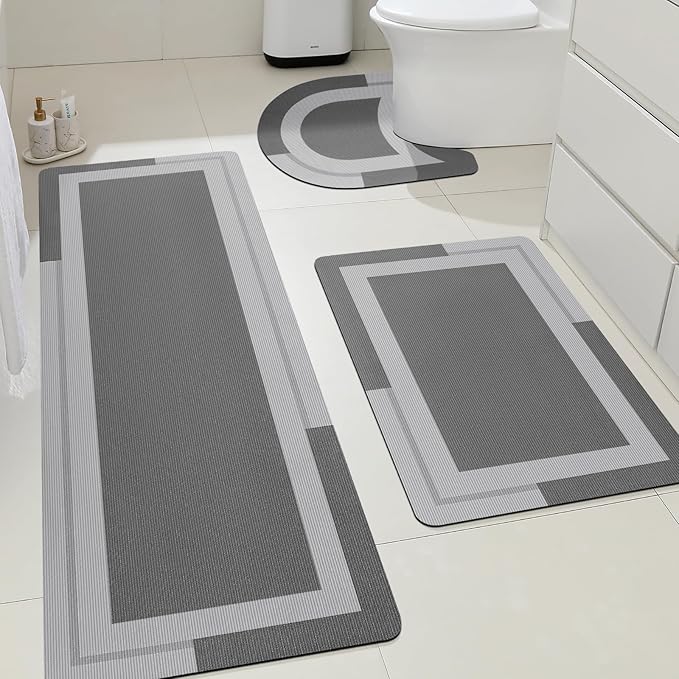 ACCUMTEK Non Slip Bath Mat, Thin Bathroom Rugs Fit Under Door, Quick Dry Bath Mats, Machine Washable Bath Rugs for Bathroom, Bathtub & Kitchen, Bathtub & Kitchen, Grey/Bordered/3 Piece