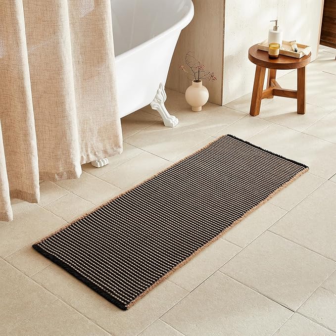 TYUU Waffle Runner Rug Bathroom, Long Boho Bathroom Rugs Non Slip Washable Super Absorbent Quick Dry Farmhouse Bath Decor, 60"x24" Khaki and Black