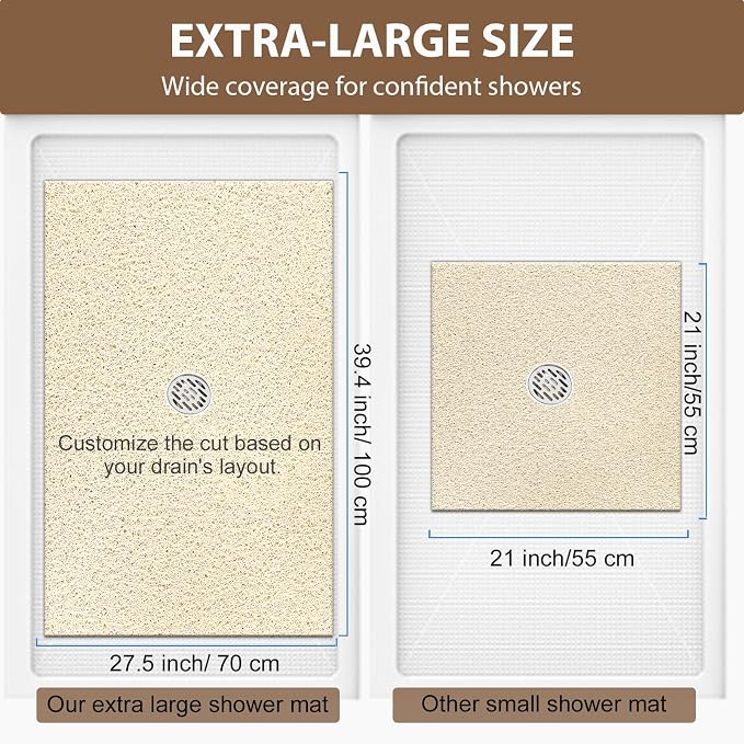 Shower Mat Non Slip: 39.4 x 27.5 Inch Extra Large Shower Mats for Inside Shower with Drain Hole - Soft PVC Loofah Anti Slip Shower Stall Mat for Walk-in Shower and Bathroom, Quick Drying