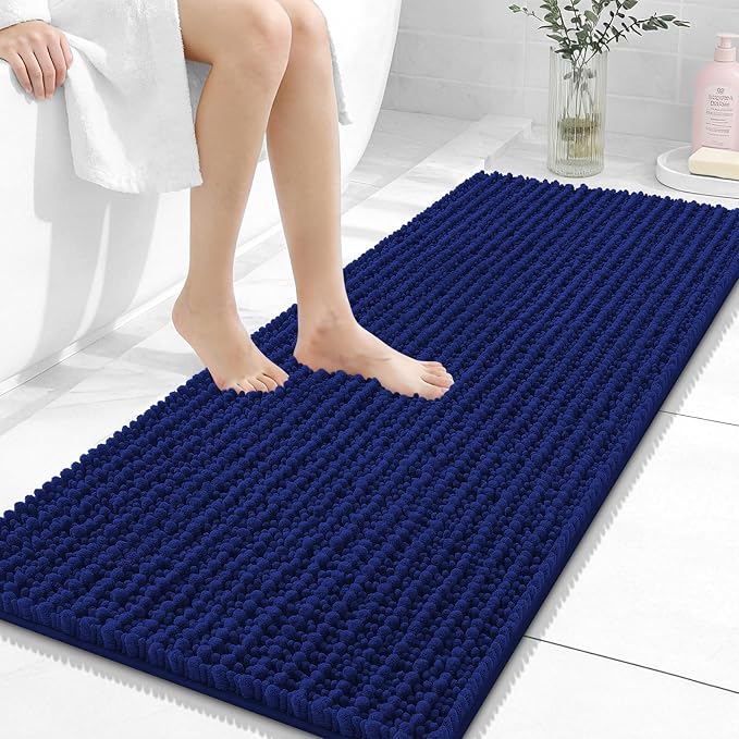 OLANLY Long Bathroom Rugs Runner 47x20, Thick Soft and Absorbent Chenille Bath Mat, Non-Slip, Machine Washable Quick Dry Bath Rugs for Tub Shower Floor, Home Decor Accessories, Navy Blue