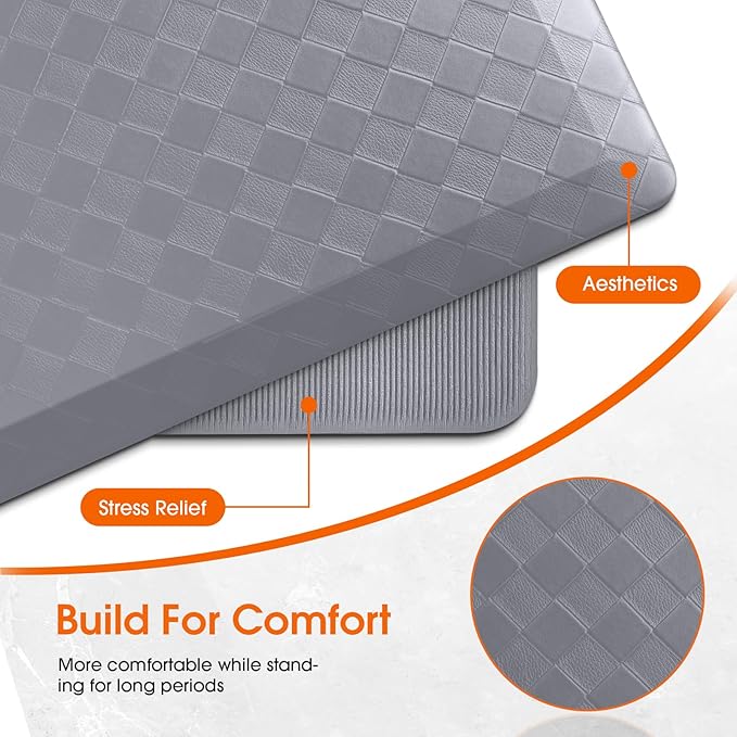 TranquilRelax 4/5 Inch Thick 2-Piece Anti-Fatigue Kitchen Mats, Cushioned Non-Slip Waterproof Sink & Stove Floor Mats, Comfortable Standing Rug Set for Kitchen, Laundry & Entryway, Grey