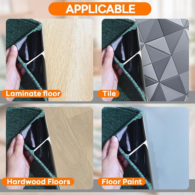 Rug Non Slip Grippers, Reusable Rug Tape Pads for Hardwood Floors, Laminate Floor, Tiles, No Residue on Flooring, Corner Grippers Carpet Tape for Area Rugs, Keep Corners Flat (12)