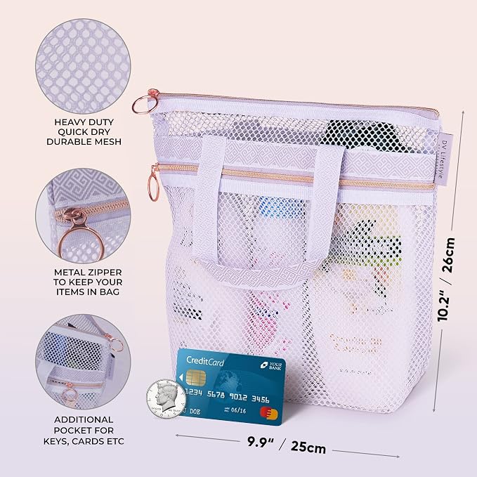 DV Lifestyle Mesh Shower Bag 10.2x9.9'' Quick-Dry Caddy with Zipper & 2 Pockets. Portable Toiletry Tote for Bathroom, Gym, Travel, Camp, Beach, for Sunscreen, Dorm & College Essentials (Light Gray)