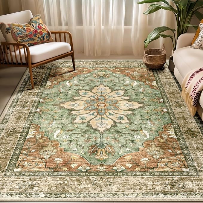 RELEANY Area Rugs 5'x7' Washable Non-Slip, Floral Vintage Distress Medallion Carpet for Living Room Bedroom Dining Room, Terracotta Burnt Orange Green