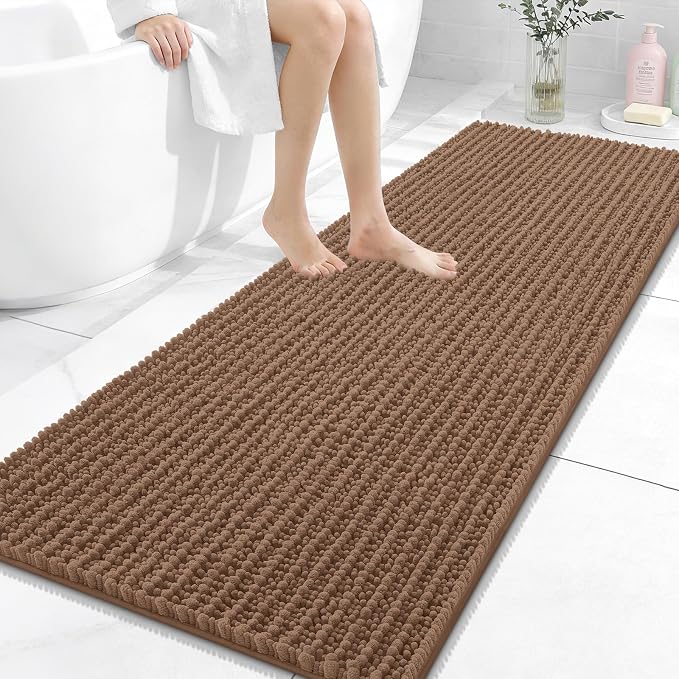 OLANLY Long Bathroom Rugs Runner 59x24, Thick Soft and Absorbent Chenille Bath Mat, Non-Slip, Machine Washable Quick Dry Bath Rugs for Tub Shower Floor, Home Decor Accessories, Mocha