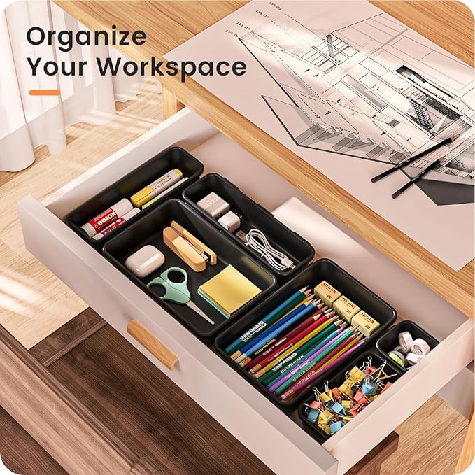 A-LuGei 【Military Grade Drawer Organizer, 【𝟱𝗦𝗶𝘇𝗲】 Makeup organizer, 【Holds 177 Items】 Bathroom Organizers and Storage, Organization and Storage, Desk Drawer Organizer for Vanity (Black)
