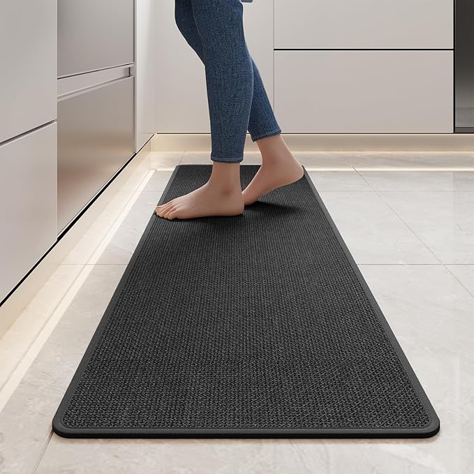 YDKGL Kitchen Mats for Floor, Super Absorbent Kitchen Rugs Non Slip Washable, Soft Imitation Linen Braided Kitchen Runner Rug, Standing Mat Kitchens Sink Mat, Easy to Clean, Black 17x59