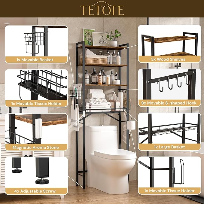 TETOTE Over-The-Toilet Storage Rack, 4-Tier Bathroom Organizer Shelf Over Toilet with Adjustable Shelf and Basket, Freestanding Space Saver Bathroom Shelves Above Toilet for Room(Brown)