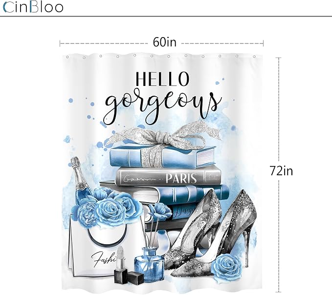 Girly Blue Shower Curtain 60Wx72H Silver Fashion Shower Curtain Women Girls Gray Teal Flower Perfume Bathroom Curtain Set High Heels Magazine Books Floral Bathroom Decor Fabric with 12 Hooks