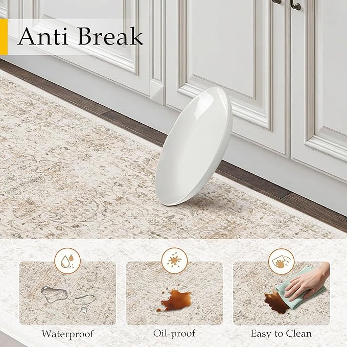 Vintage Kitchen Mats for Floor Anti Fatigue Waterproof Kitchen Rugs Sets of 2 Beige Cushioned Non-Slip Kitchen Mats Comfort Standing Mat for Sink Laundry Office 17.3"×47"+17.3"×30"