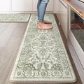 KIMODE Kitchen Mats Cushioned Anti Fatigue 2 PCS, Boho Kitchen Mats Stain Resistant, Standing Kitchen Runner Rug, Non Slip Waterproof Kitchen Sink Floor Mat, 17.3"x59"+17.3"x29", Sage Green