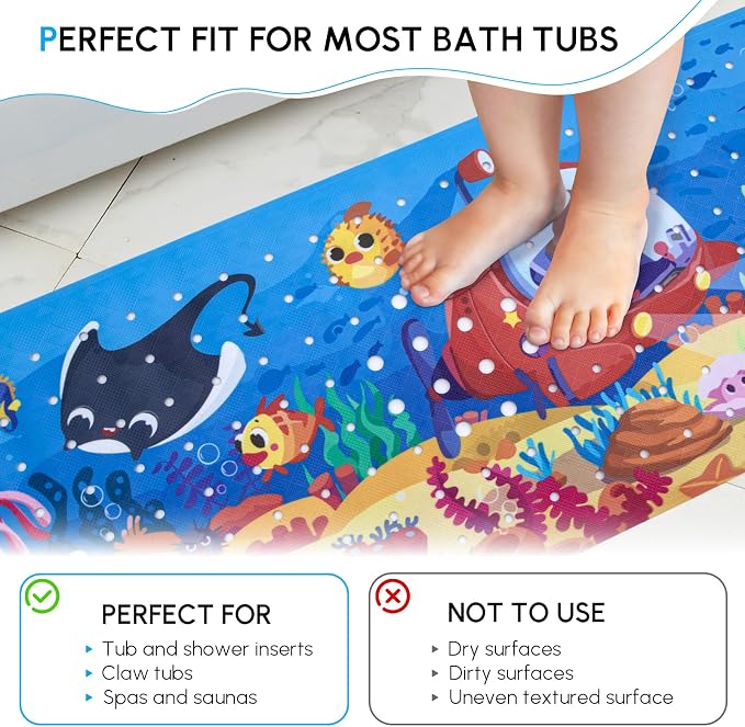 Bath Mats for Tub Kids - Large Cartoon Non-Slip Bathroom Bathtub Kid Mat for Baby Toddler Anti-Slip Shower Mats for Floor 40x16,with Drain Holes and Suction Cups Machine Washable, Boy - Submersible